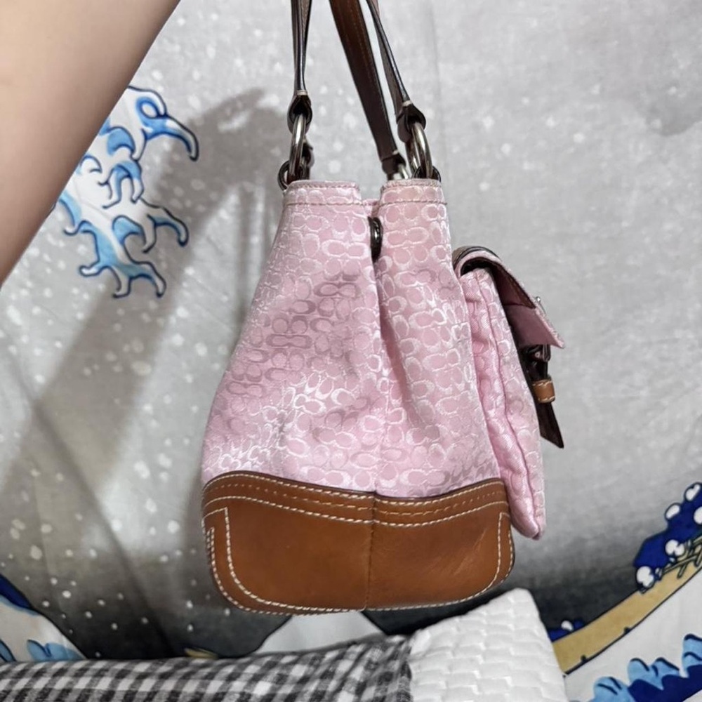 Coach Pink Signature Canvas Satchel with Brown Leather Trim and Charm Keychain - Picture 2 of 5